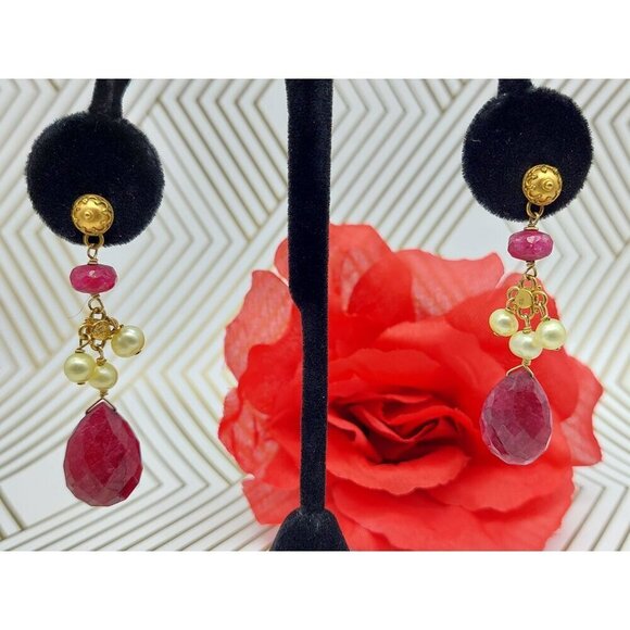 Maroon Teardrop Earrings Natural Stone 825 Gold Dangle Pearls Long 2.25" - Picture 2 of 6